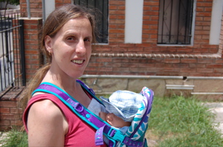 Hazel carrying Joni in carrier